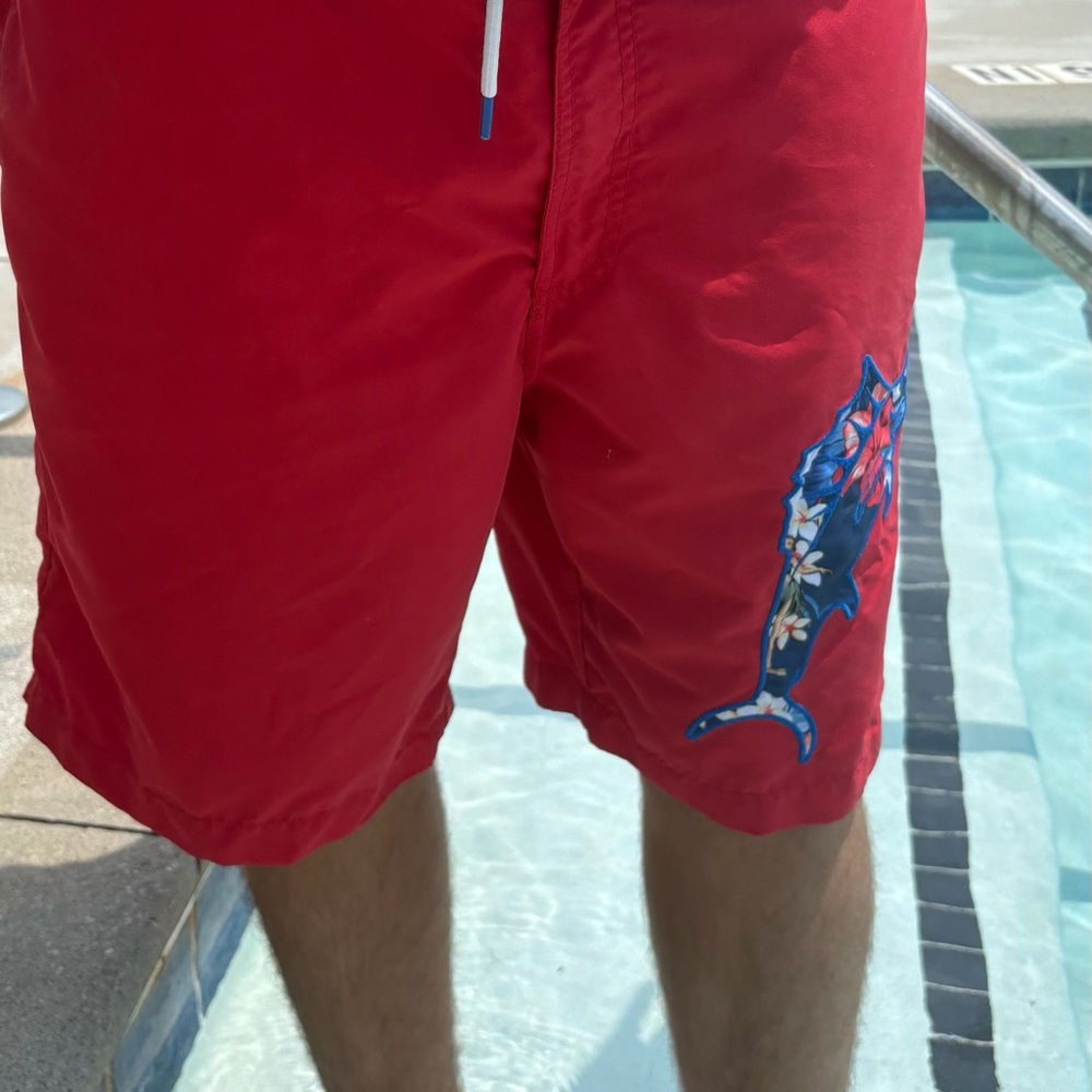 Men's Tommy Bahama Red Swim Trunks with Floral Dolphin Accent